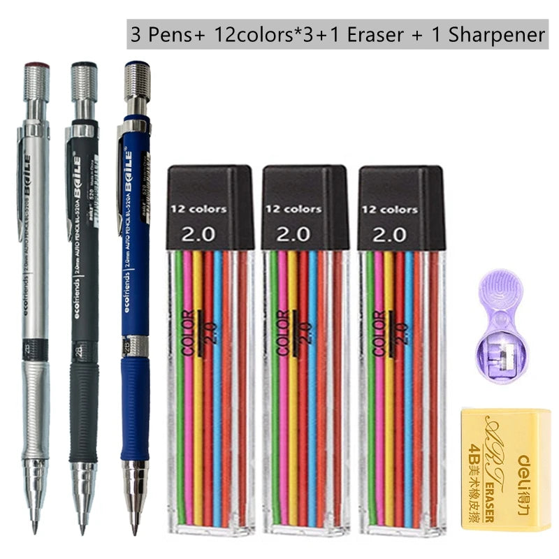2.0mm Mechanical Pencil Set with 2B Black & Color Lead Refills 2.0mm Mechanical Pencil Set with 2B Black & Color Lead Refills
