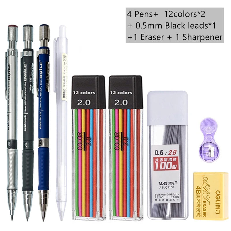 2.0mm Mechanical Pencil Set with 2B Black & Color Lead Refills 2.0mm Mechanical Pencil Set with 2B Black & Color Lead Refills