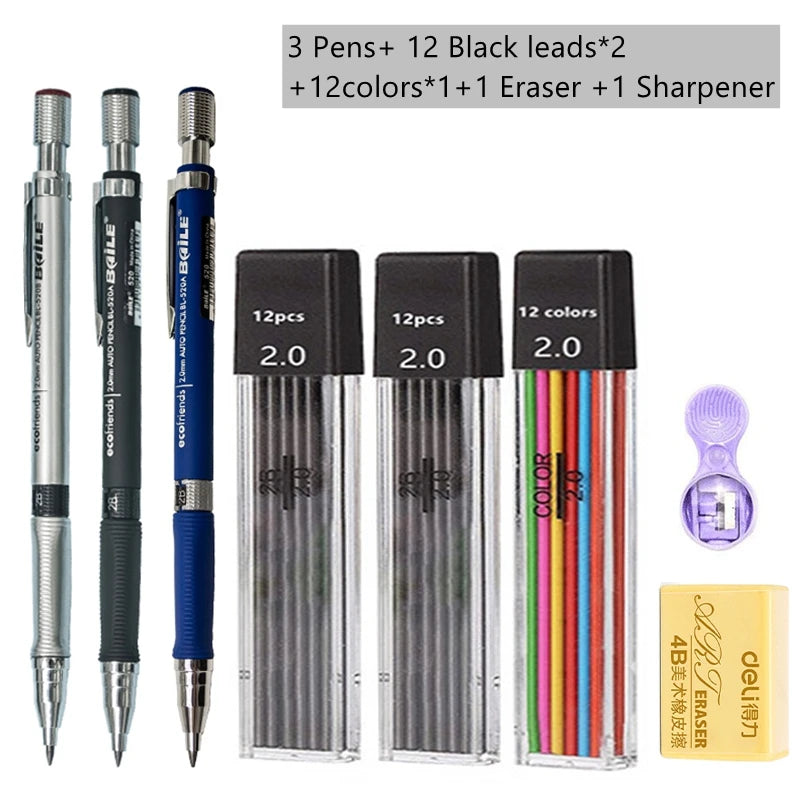 2.0mm Mechanical Pencil Set with 2B Black & Color Lead Refills 2.0mm Mechanical Pencil Set with 2B Black & Color Lead Refills