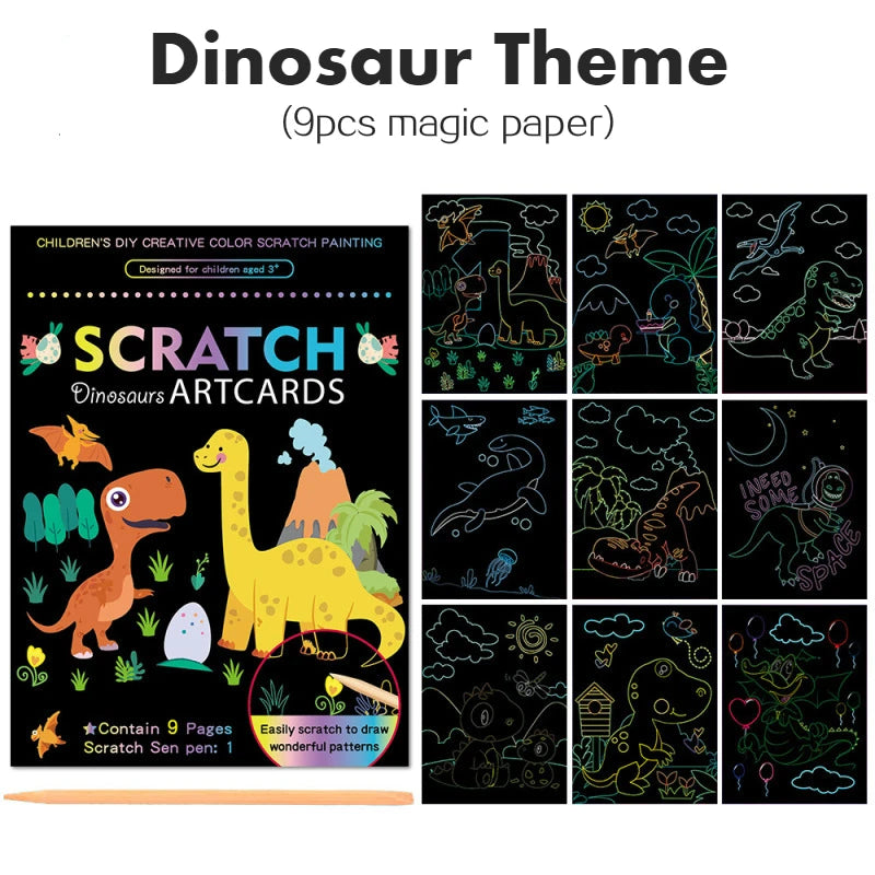 Scratch Art Kit – 9pcs Rainbow Color Dinosaur &amp; Unicorn Drawing Boards