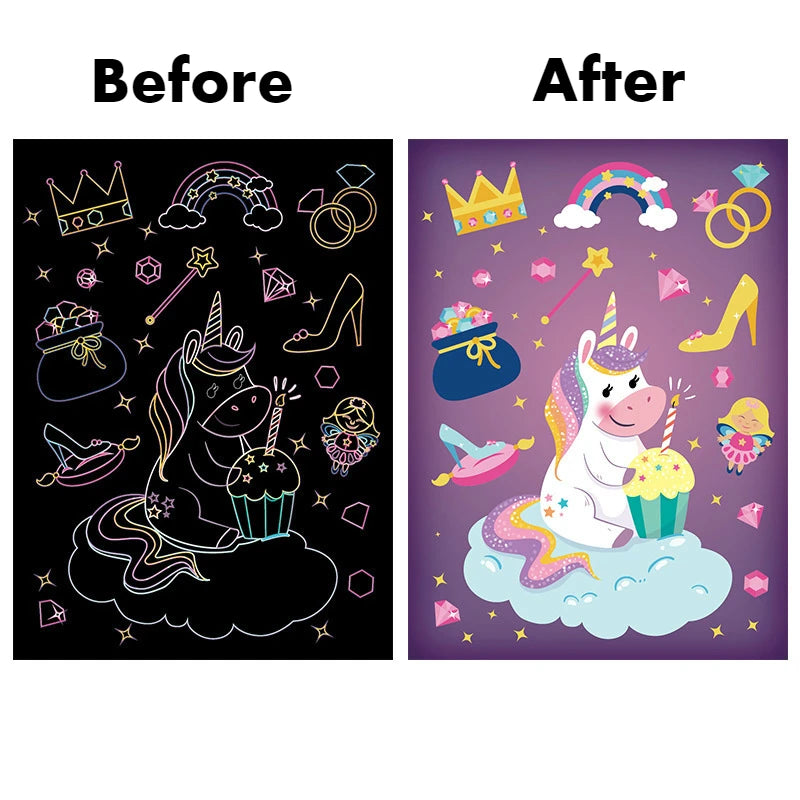 Scratch Art Kit – 9pcs Rainbow Color Dinosaur &amp; Unicorn Drawing Boards