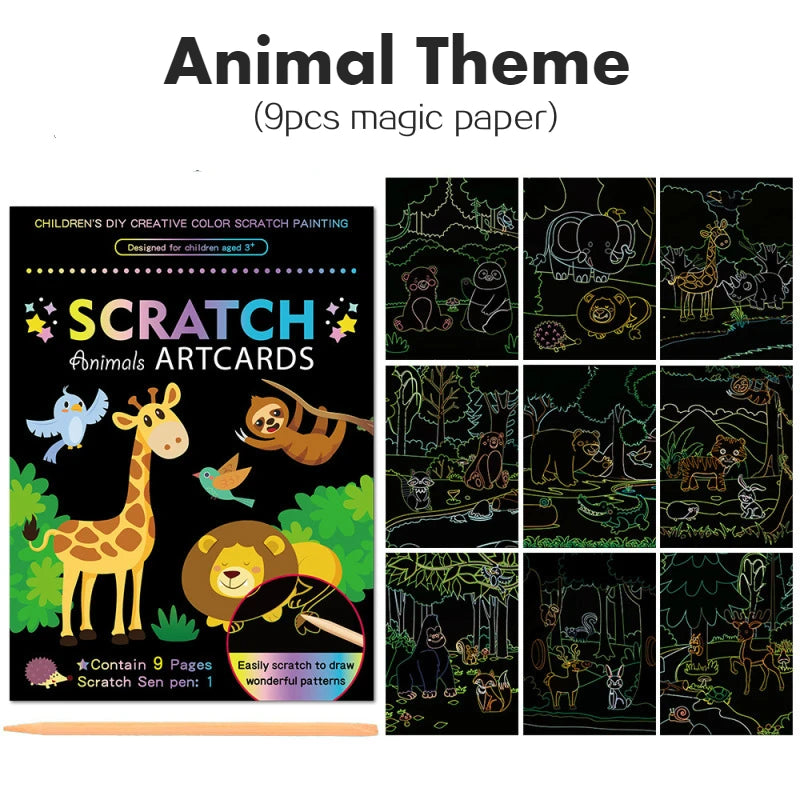 Scratch Art Kit – 9pcs Rainbow Color Dinosaur &amp; Unicorn Drawing Boards