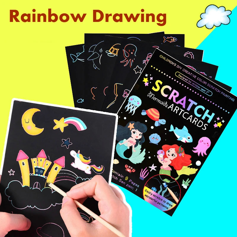Scratch Art Kit – 9pcs Rainbow Color Dinosaur &amp; Unicorn Drawing Boards
