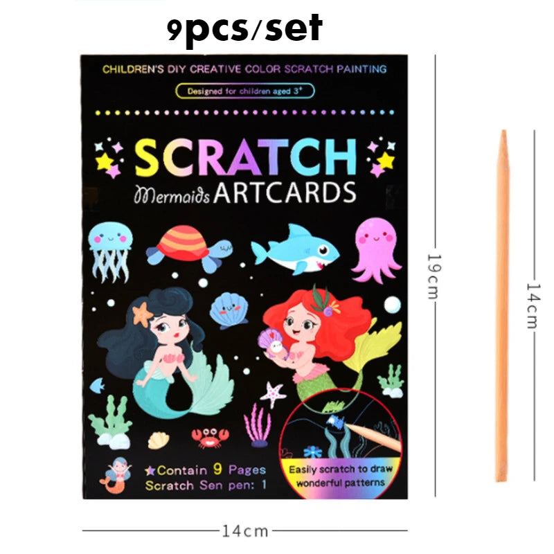 Scratch Art Kit – 9pcs Rainbow Color Dinosaur &amp; Unicorn Drawing Boards
