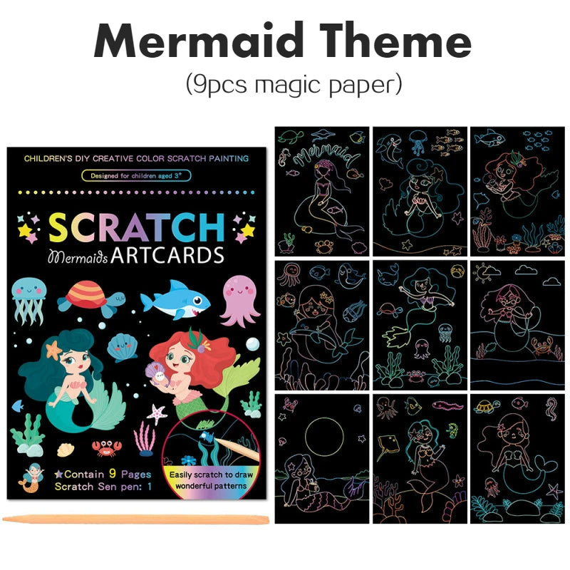 Scratch Art Kit – 9pcs Rainbow Color Dinosaur &amp; Unicorn Drawing Boards