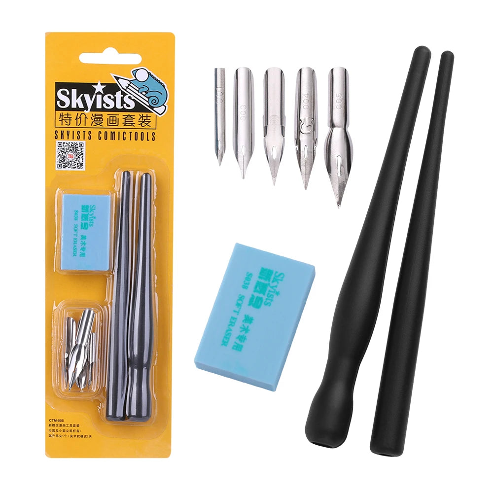 Manga Dip Pen Set – 5 Nibs, 2 Holders &amp; Eraser for Drawing &amp; Calligraphy