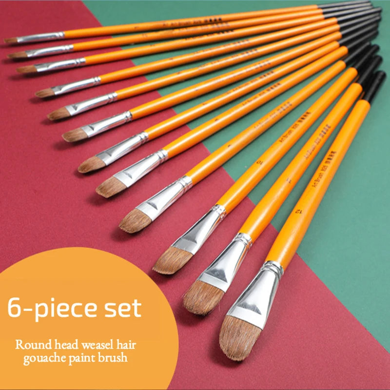 6pcs Weasel Hair Paint Brush Set with Long Wooden Handles