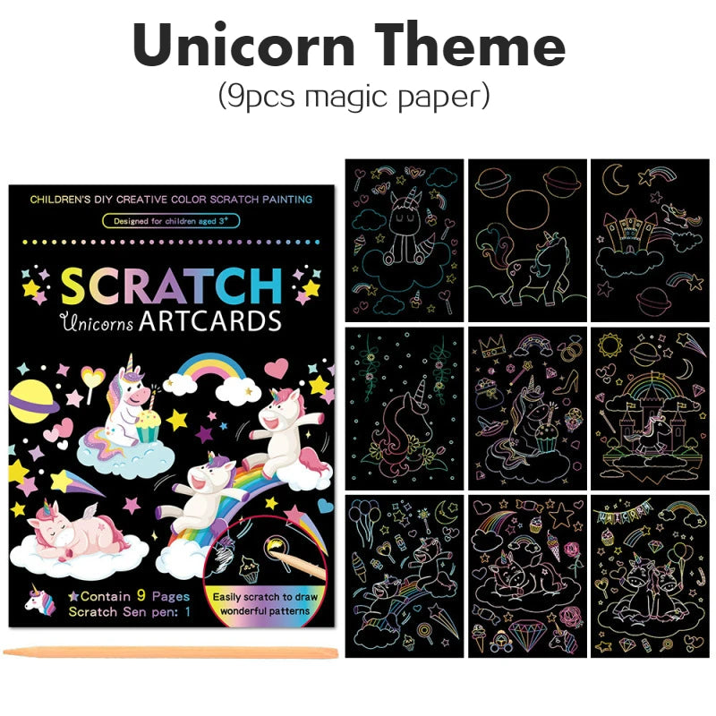 Scratch Art Kit – 9pcs Rainbow Color Dinosaur &amp; Unicorn Drawing Boards