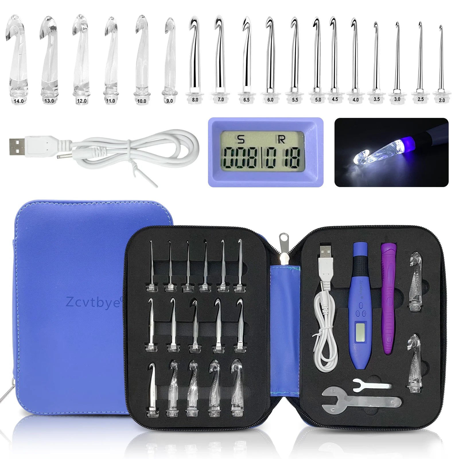18-Size LED Crochet Hook Set with Digital Counter