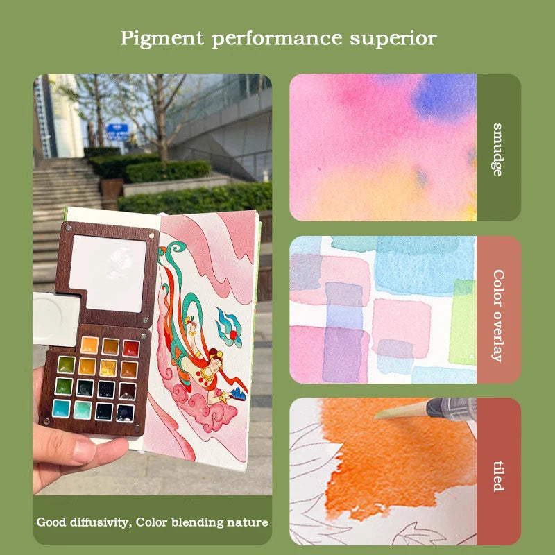 Portable Wooden Watercolor Paint Palette (8/15 Colors)