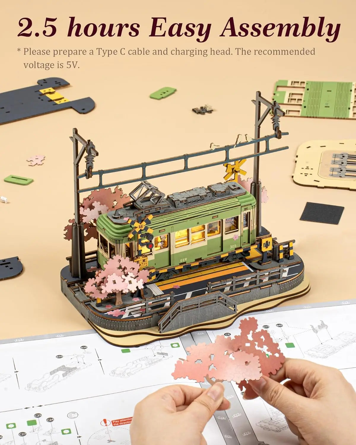 Robotime 3D Wooden Tram Puzzle – Sakura Journey