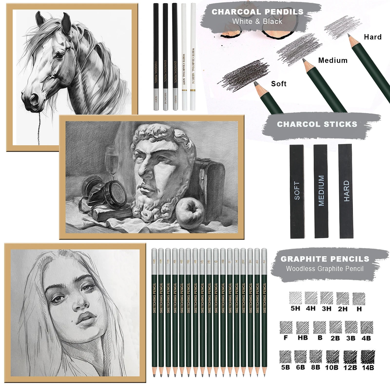 Portable Drawing &amp; Sketching Kit with Graphite and Charcoal