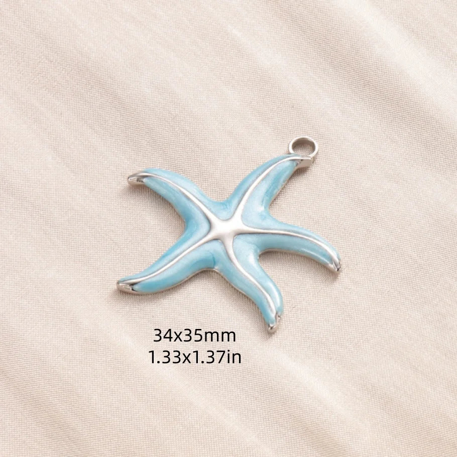 5pcs/lot Enamel Blue Marine Animals Stainless Steel Pendant Conch Shell Seahorse Fish Tail Starfish Charms DIY Necklace Findings