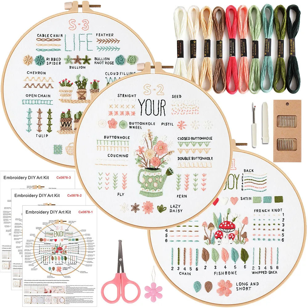 Beginner Embroidery Kit – 3 Sets with Stamped Patterns &amp; Tools
