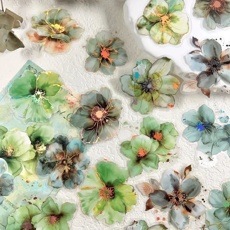 20-Piece Hot Stamping Flower Stickers – PET Collage Set