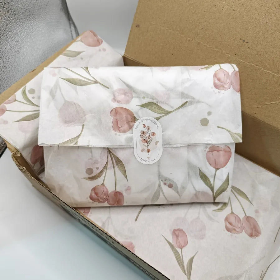 Elegant Tulip Floral Tissue Paper with Green Leaves