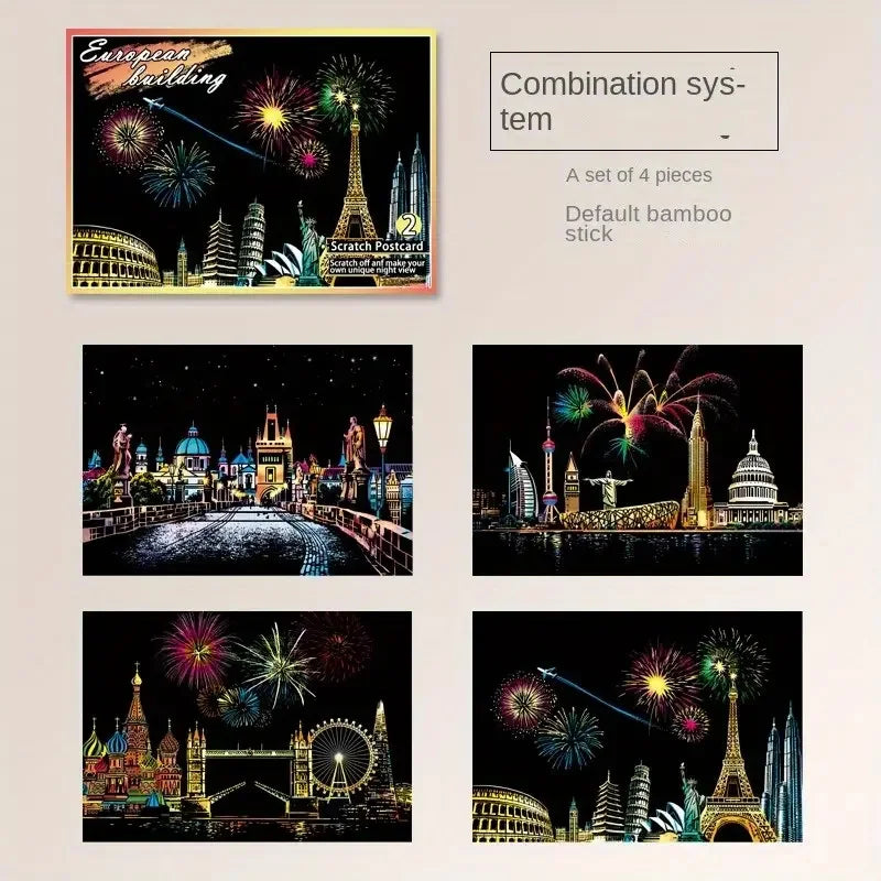 Scratch Art Postcards – 4PCS Urban Night Scene Landscape Set