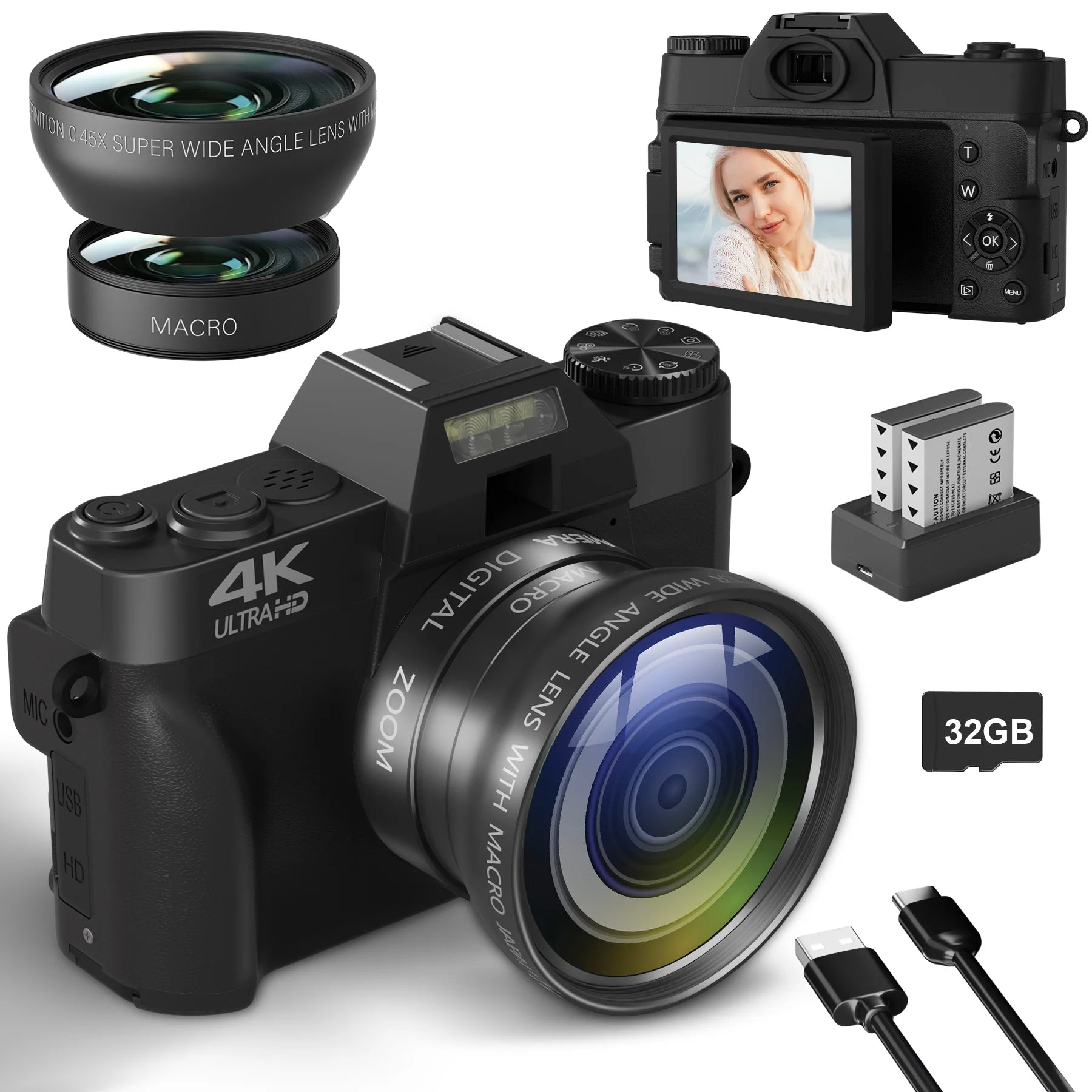 Compact 4K Digital Camera – 64MP Retro Vlog Camcorder with WiFi &amp; Flip Screen