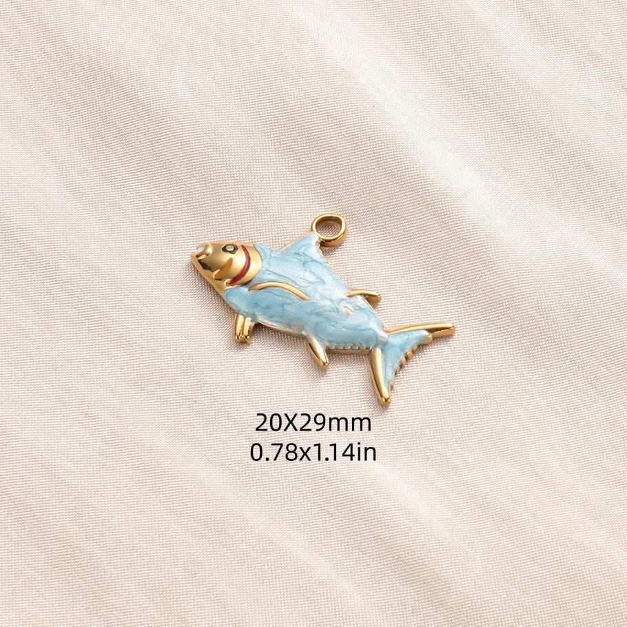 5pcs/lot Enamel Blue Marine Animals Stainless Steel Pendant Conch Shell Seahorse Fish Tail Starfish Charms DIY Necklace Findings