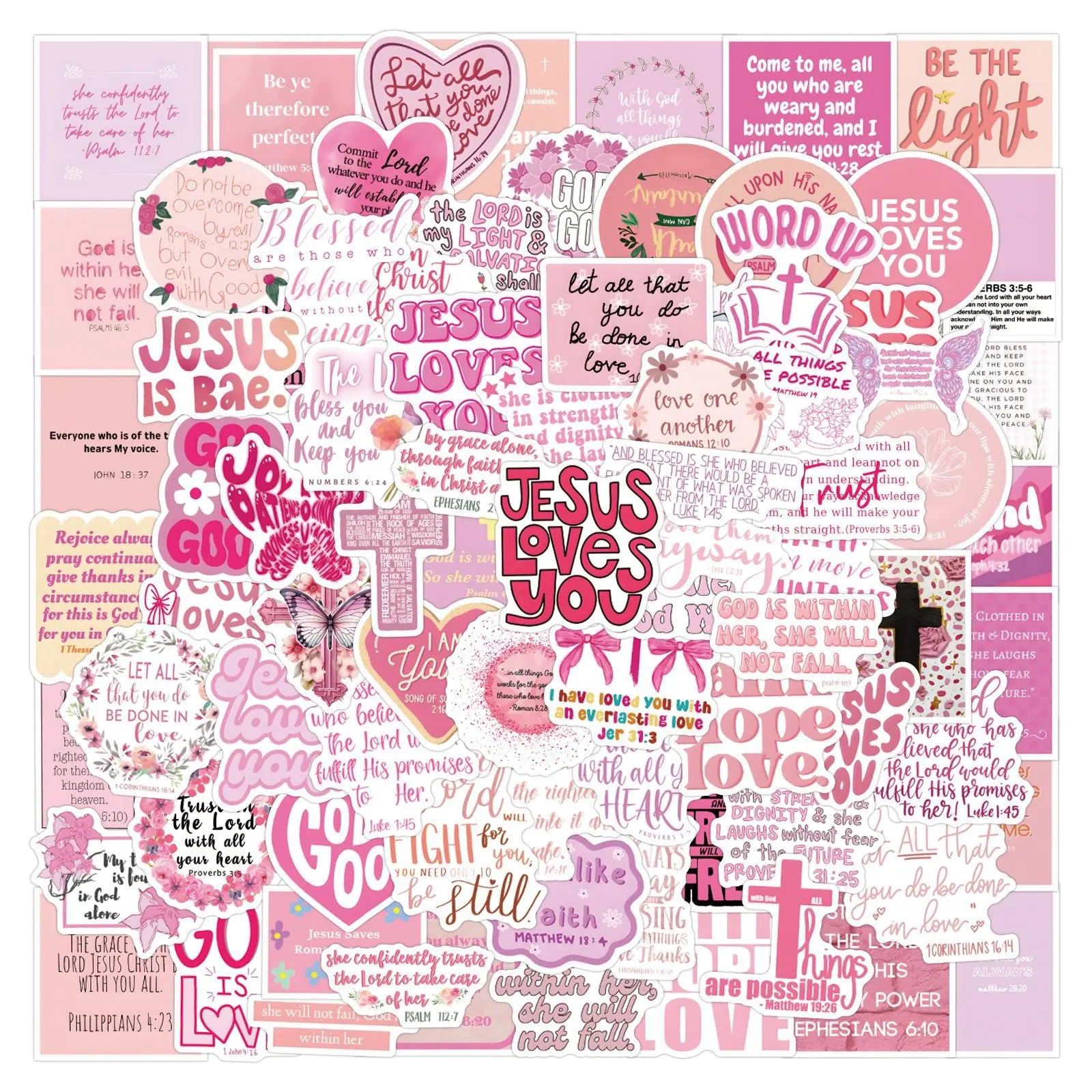 Pink Christian Bible Stickers – 10/55/110PCS “Jesus Loves You” Cartoon Waterproof Stickers for Kids, Laptops, Water Bottles, Journals & Gifts
