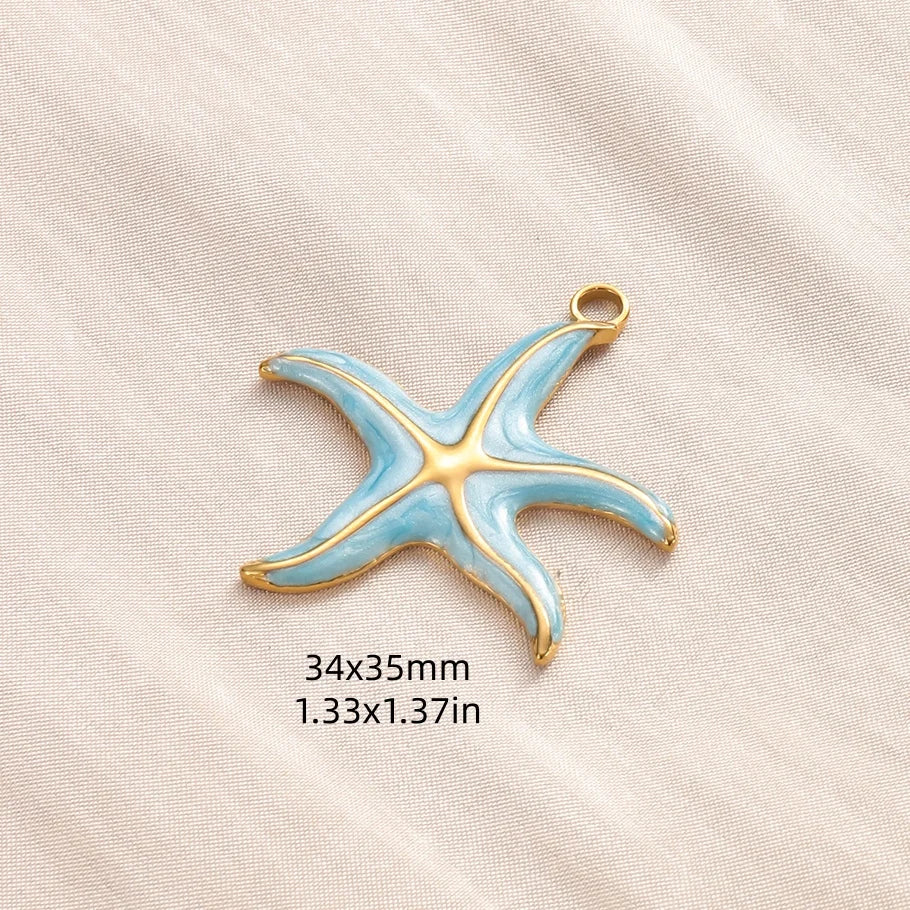 5pcs/lot Enamel Blue Marine Animals Stainless Steel Pendant Conch Shell Seahorse Fish Tail Starfish Charms DIY Necklace Findings