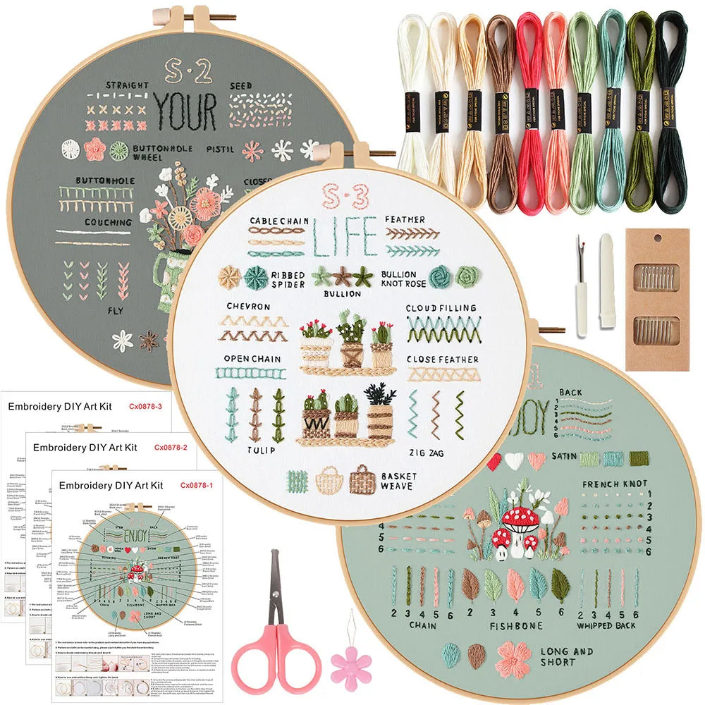Beginner Embroidery Kit – 3 Sets with Stamped Patterns &amp; Tools