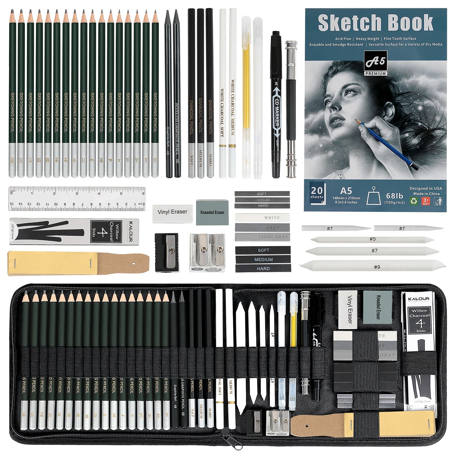 Portable Drawing &amp; Sketching Kit with Graphite and Charcoal