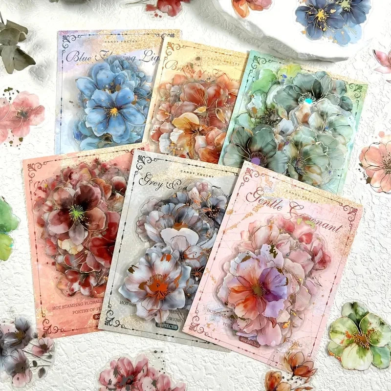 20-Piece Hot Stamping Flower Stickers – PET Collage Set