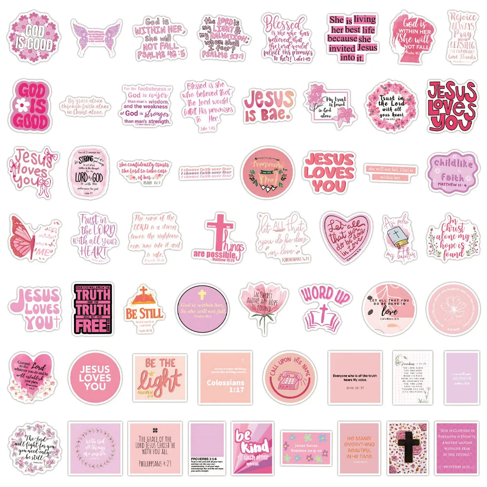 Pink Christian Bible Stickers – 10/55/110PCS “Jesus Loves You” Cartoon Waterproof Stickers for Kids, Laptops, Water Bottles, Journals & Gifts