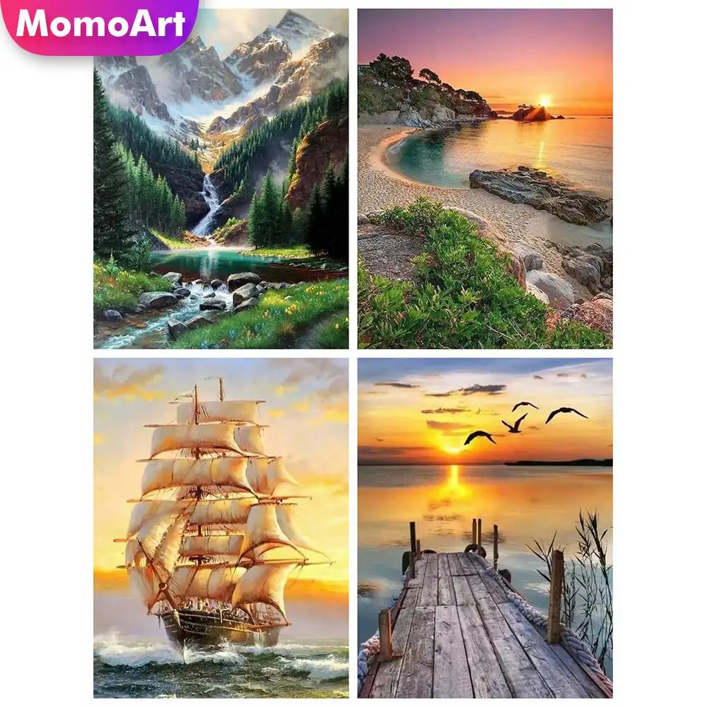 Momoart Waterfall Diamond Painting Kit – Seaside Landscape DIY Mosaic Art