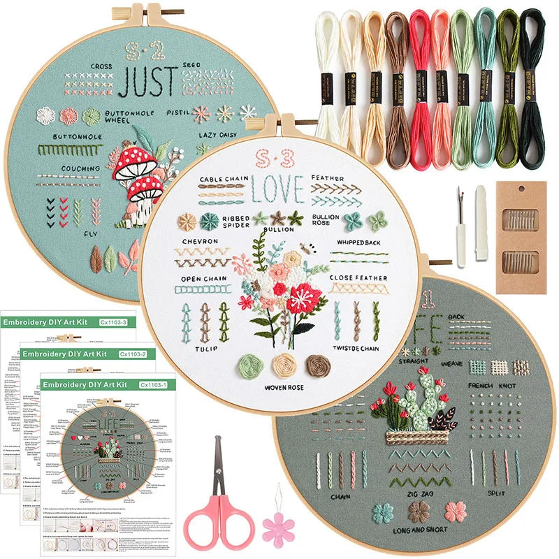 Beginner Embroidery Kit – 3 Sets with Stamped Patterns &amp; Tools