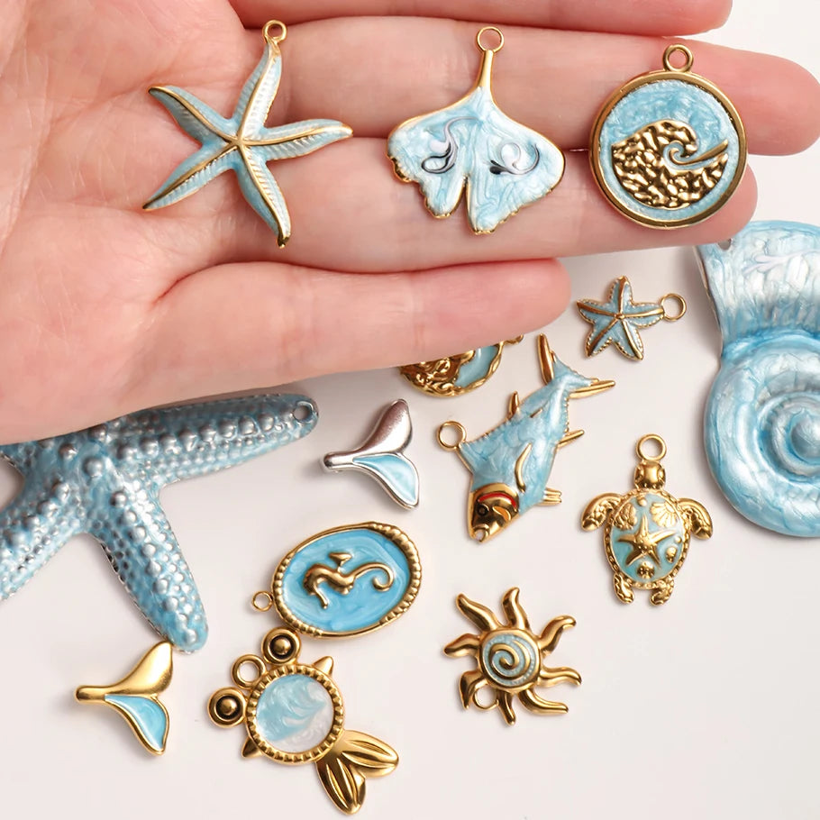 5pcs/lot Enamel Blue Marine Animals Stainless Steel Pendant Conch Shell Seahorse Fish Tail Starfish Charms DIY Necklace Findings