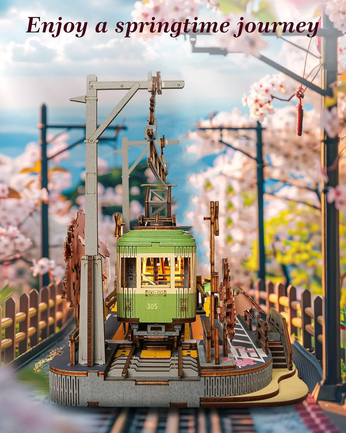 Robotime 3D Wooden Tram Puzzle – Sakura Journey