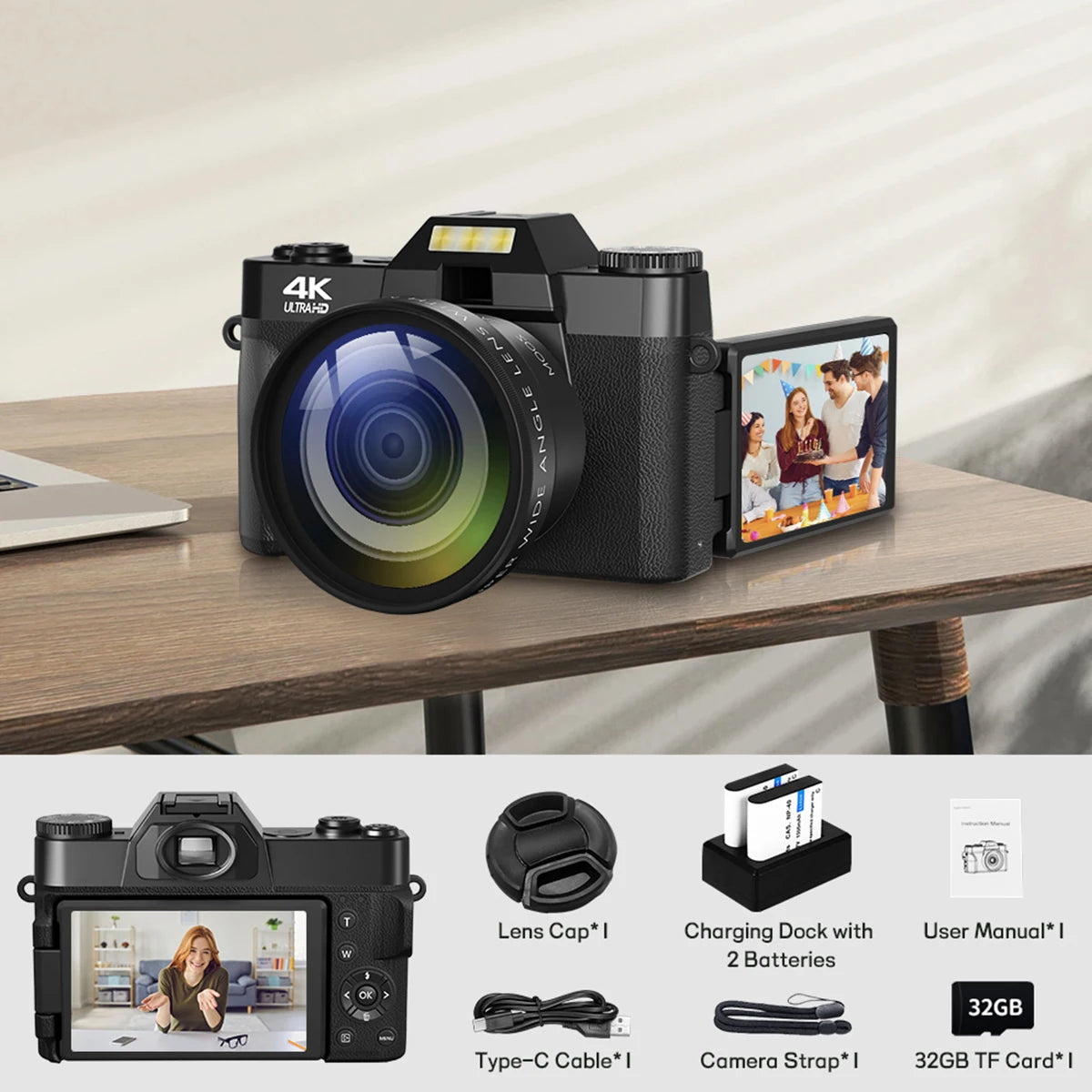 Compact 4K Digital Camera – 64MP Retro Vlog Camcorder with WiFi &amp; Flip Screen