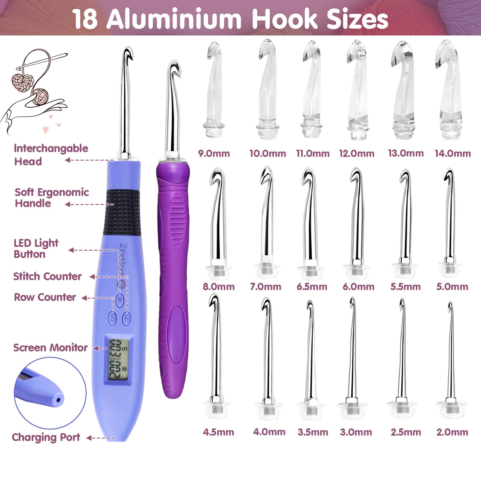 18-Size LED Crochet Hook Set with Digital Counter