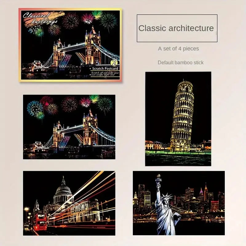 Scratch Art Postcards – 4PCS Urban Night Scene Landscape Set