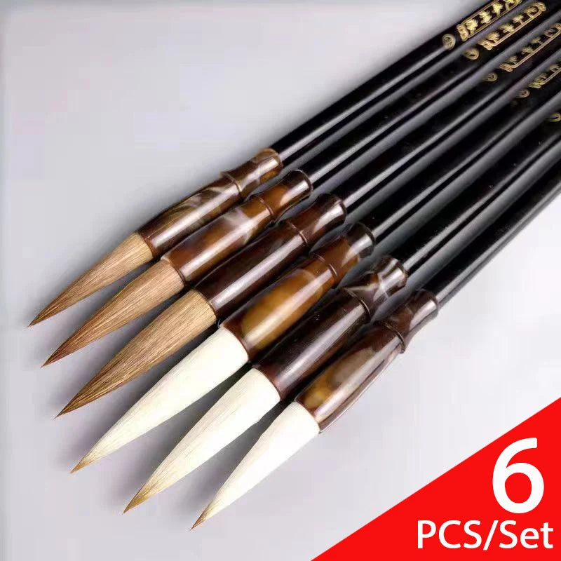 6pcs Chinese Calligraphy Brush Set – Wool &amp; Weasel Hair for Regular Script