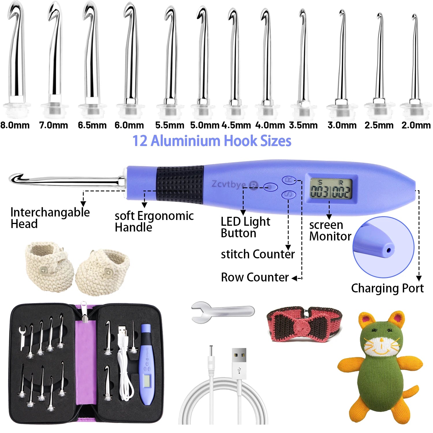 12pcs Lighted Crochet Hook Set with Counter