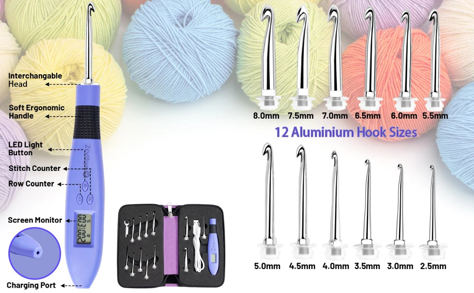12pcs Lighted Crochet Hook Set with Counter