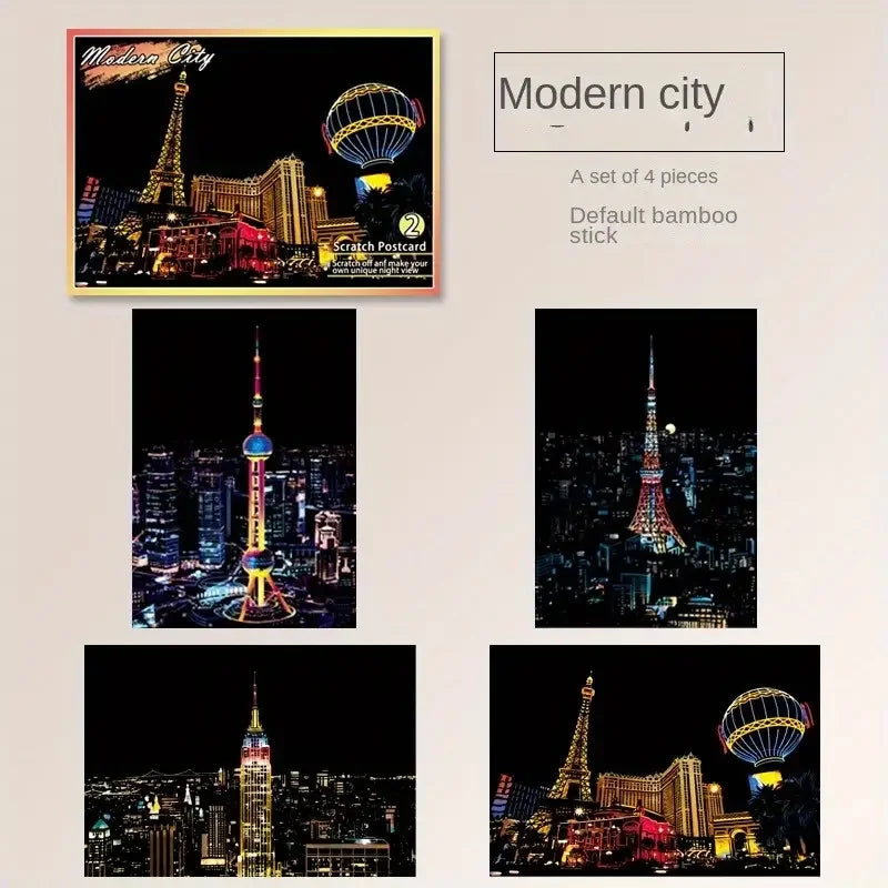 Scratch Art Postcards – 4PCS Urban Night Scene Landscape Set