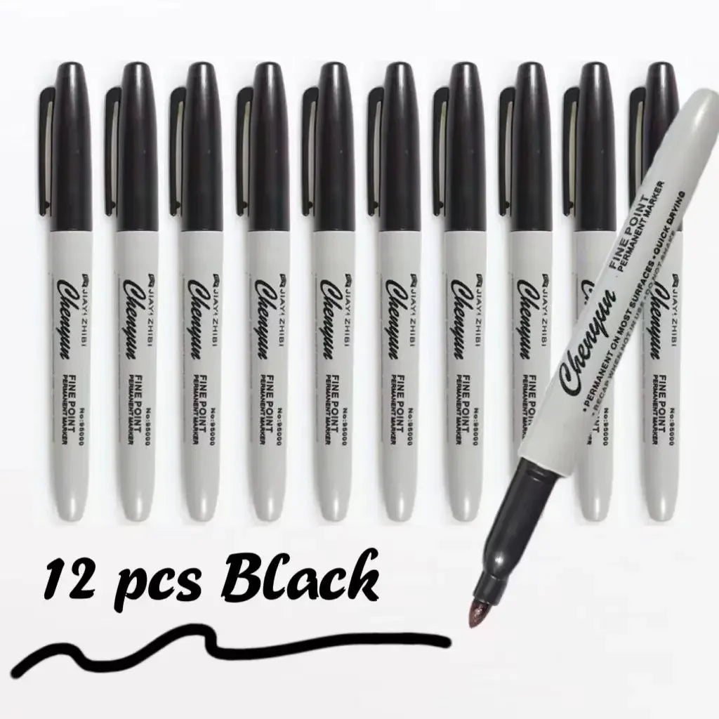 12pcs Black Permanent Marker Pens – Fine Tip, Waterproof