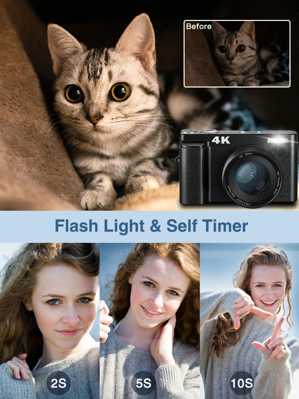 4K Vlogging Camera with Flip Screen &amp; Autofocus – 48MP Compact Digital Camera