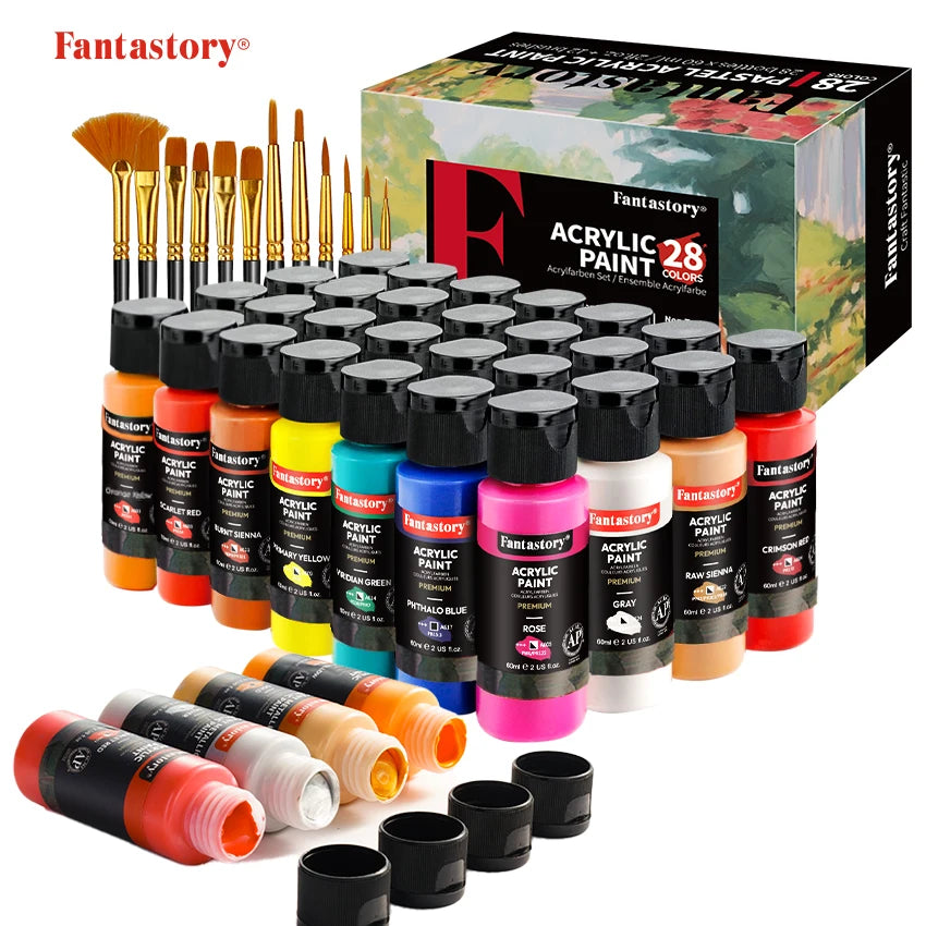 Fantastory Acrylic Paint Set – 28 Colors with 12 Brushes