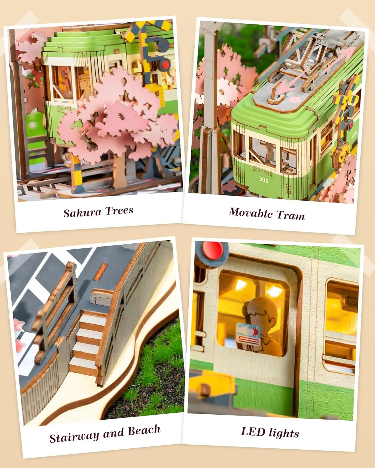 Robotime 3D Wooden Tram Puzzle – Sakura Journey
