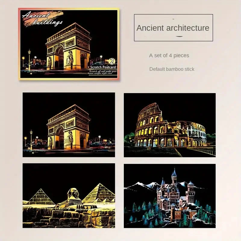 Scratch Art Postcards – 4PCS Urban Night Scene Landscape Set