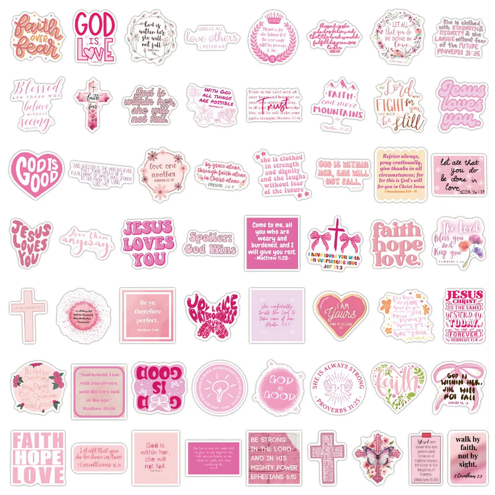 Pink Christian Bible Stickers – 10/55/110PCS “Jesus Loves You” Cartoon Waterproof Stickers for Kids, Laptops, Water Bottles, Journals & Gifts