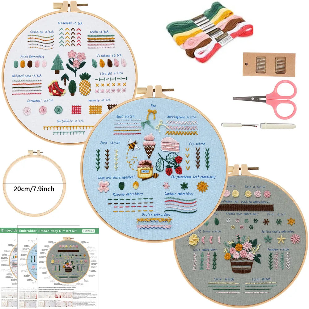 Beginner Embroidery Kit – 3 Sets with Stamped Patterns &amp; Tools