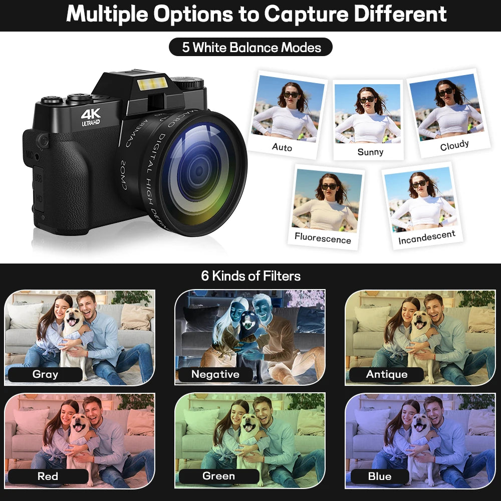 Compact 4K Digital Camera – 64MP Retro Vlog Camcorder with WiFi &amp; Flip Screen