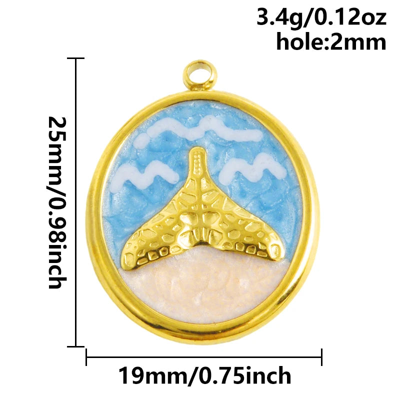 5pcs/lot Enamel Blue Marine Animals Stainless Steel Pendant Conch Shell Seahorse Fish Tail Starfish Charms DIY Necklace Findings