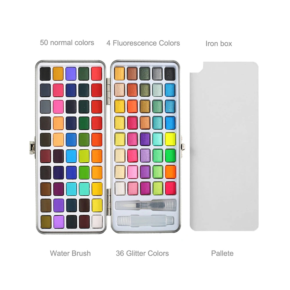 50/90-Color Solid Watercolor Set – with Glitter &amp; Metal Box